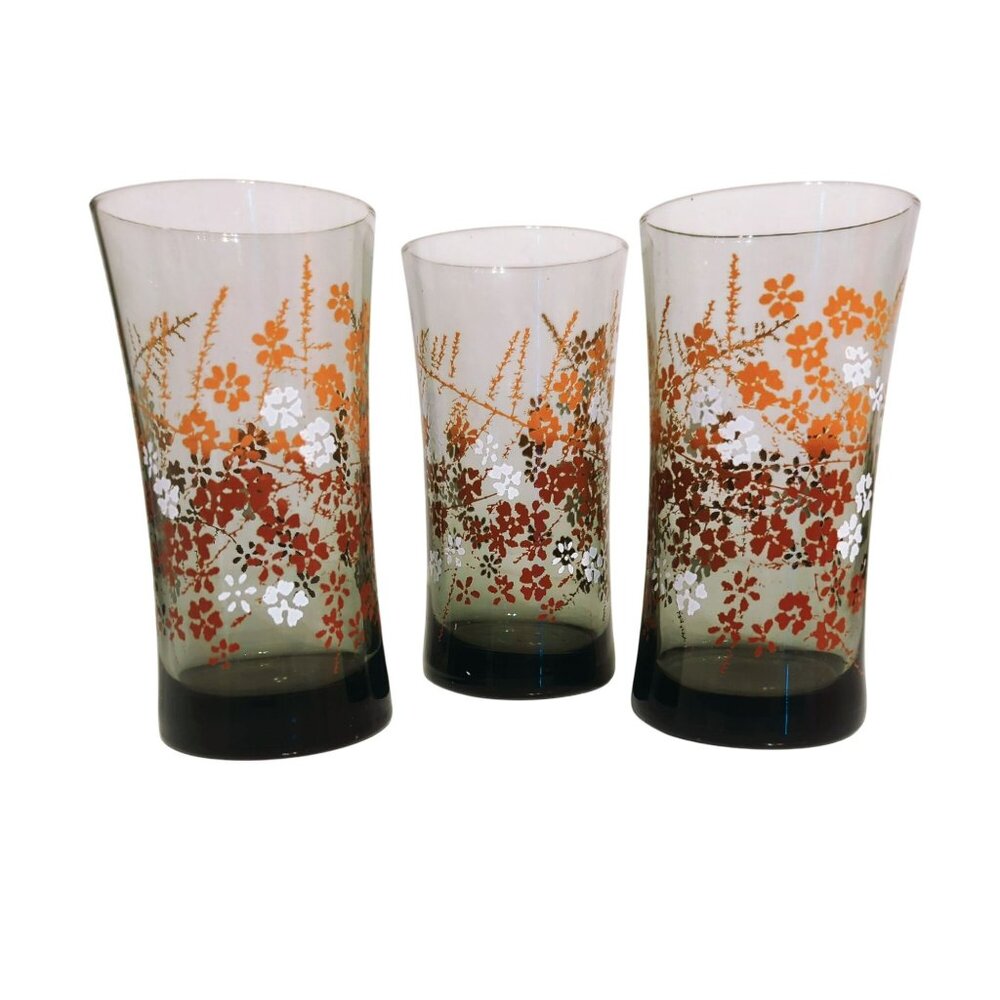 Vintage Libbey 70s Glass Tumblers Set Floral Tawny Orange Smoke 14oz Fall Vibes - Picture 2 of 5
